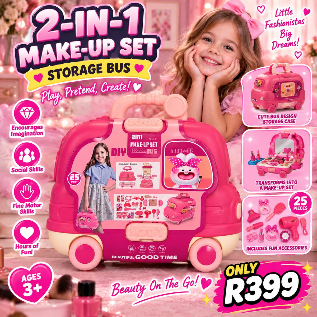 💄🚌 2-in-1 Make-Up Set Storage Bus – 25 Pieces! 💕