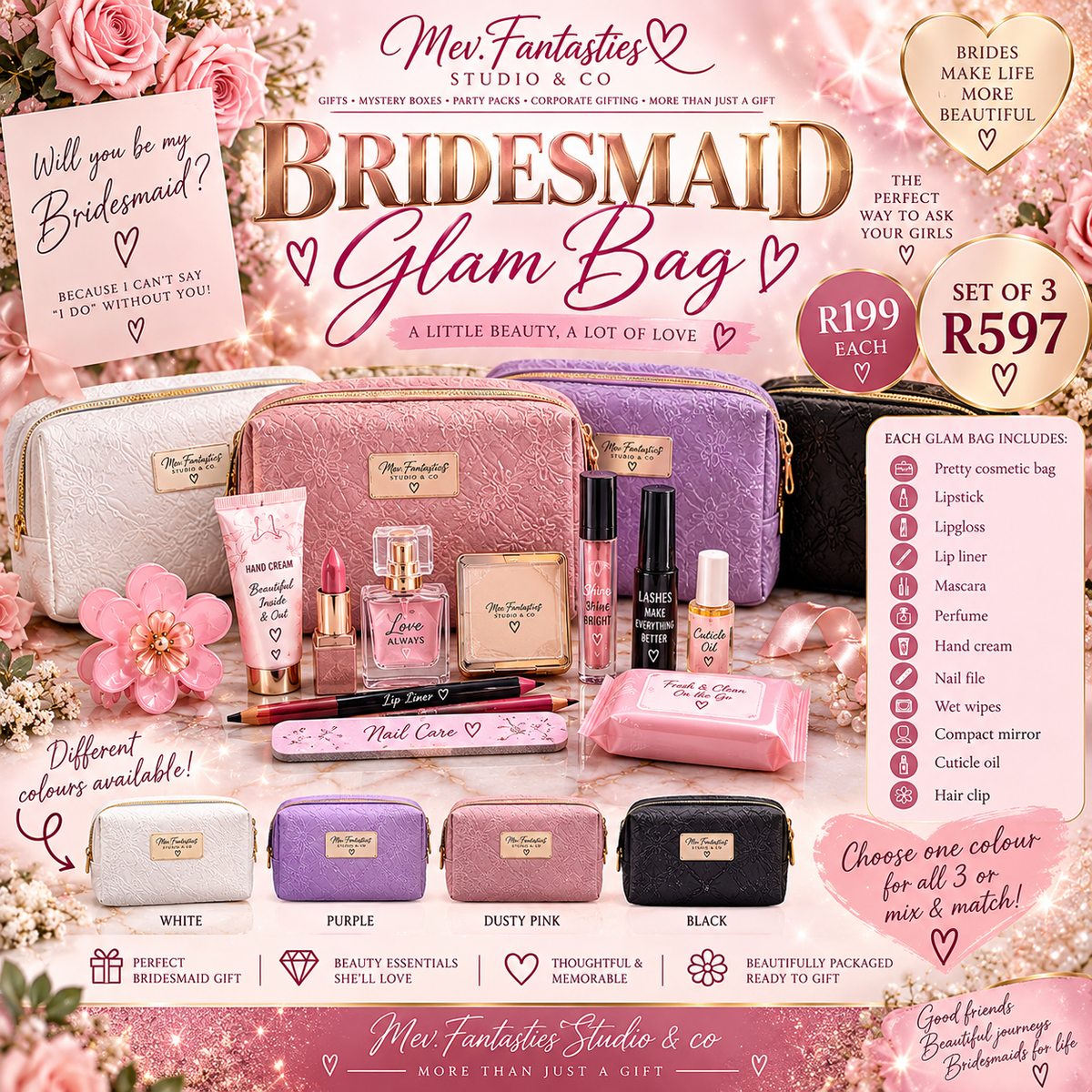 💍 Bridesmaid Glam Bag – Set of 3