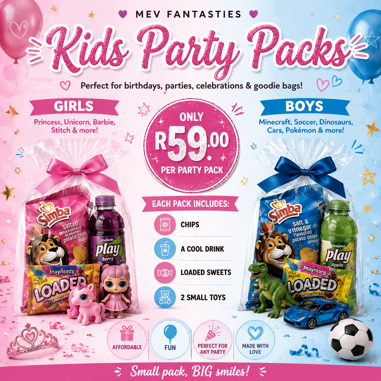 🎉 Kids Themed Party Packs – Only R59.00 Each! 🎉